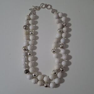 Talbots White Shiny Silver Tone Multi Strand Layered Beaded Statement Necklace